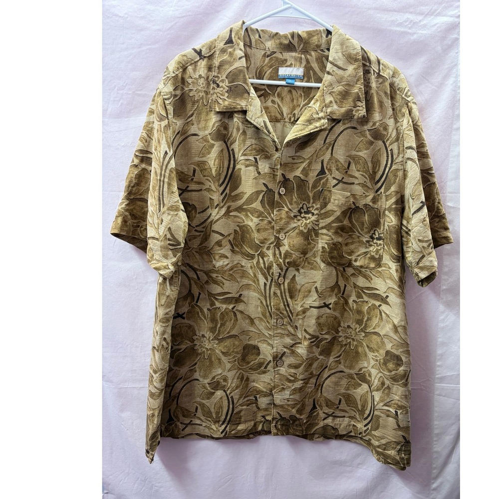 Breakwater Mens Silk Blend Tropical Floral Button Down Camp Shirt Tan Brown XL